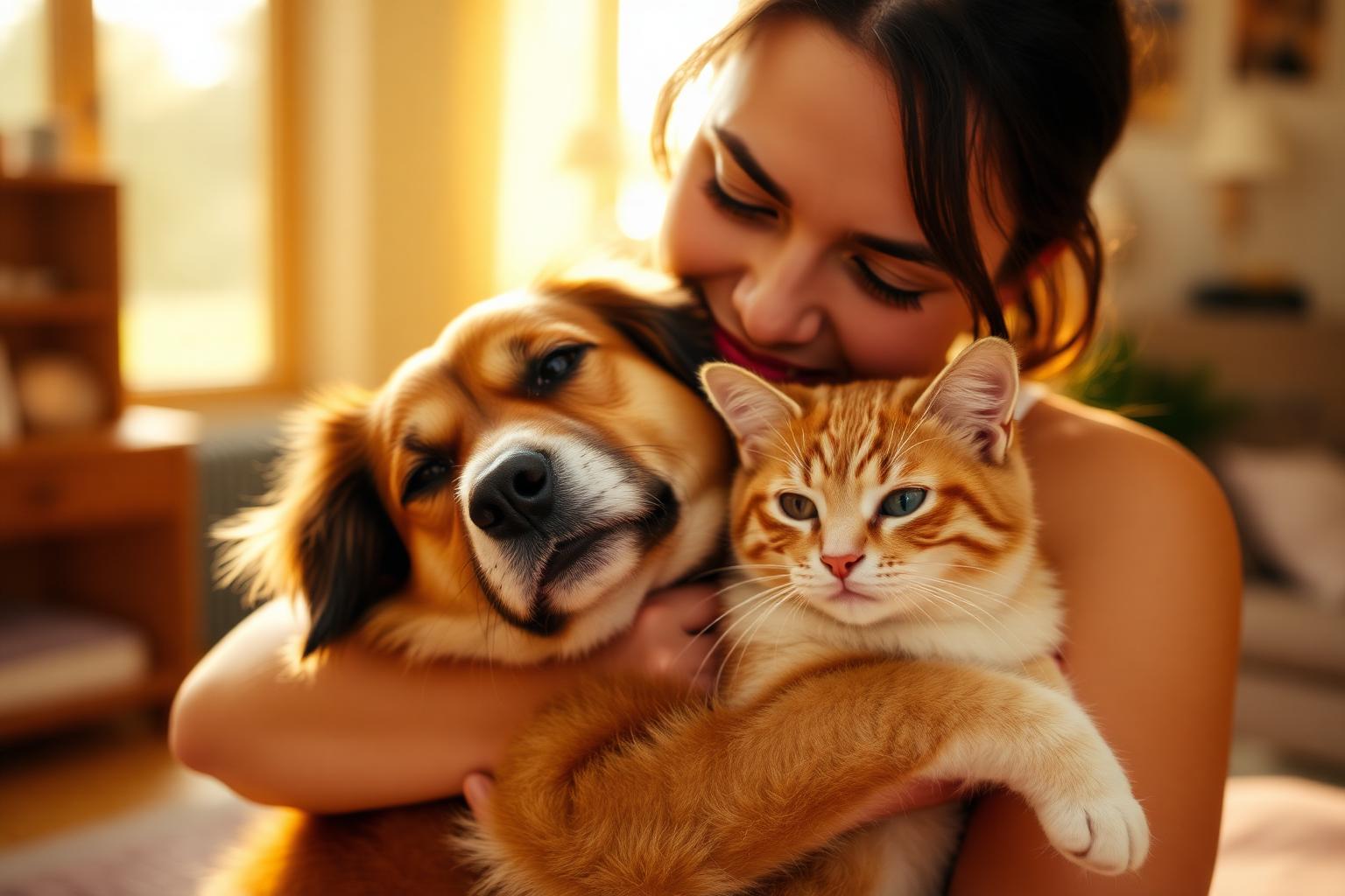 Tutora abraçando carinhosamente seu cão e gato em casa